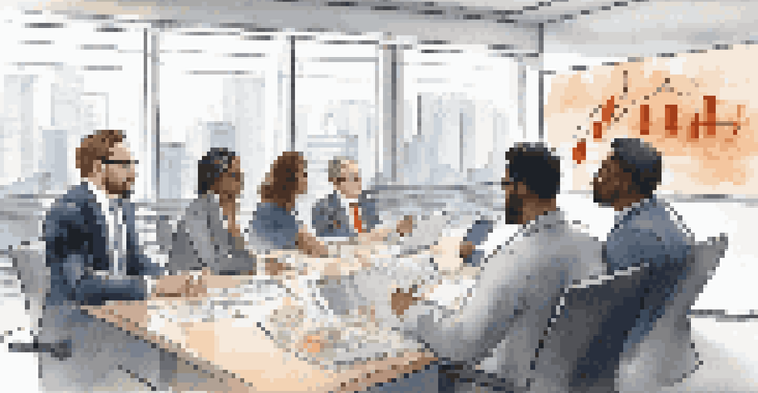 A group of diverse investors in a bright conference room discussing real estate syndication with financial graphs displayed on a screen.
