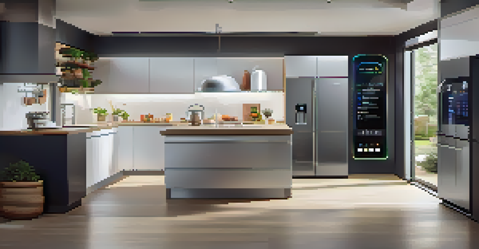 A modern kitchen featuring smart appliances like a touchscreen fridge and energy-efficient oven, illuminated with bright ambient lighting.