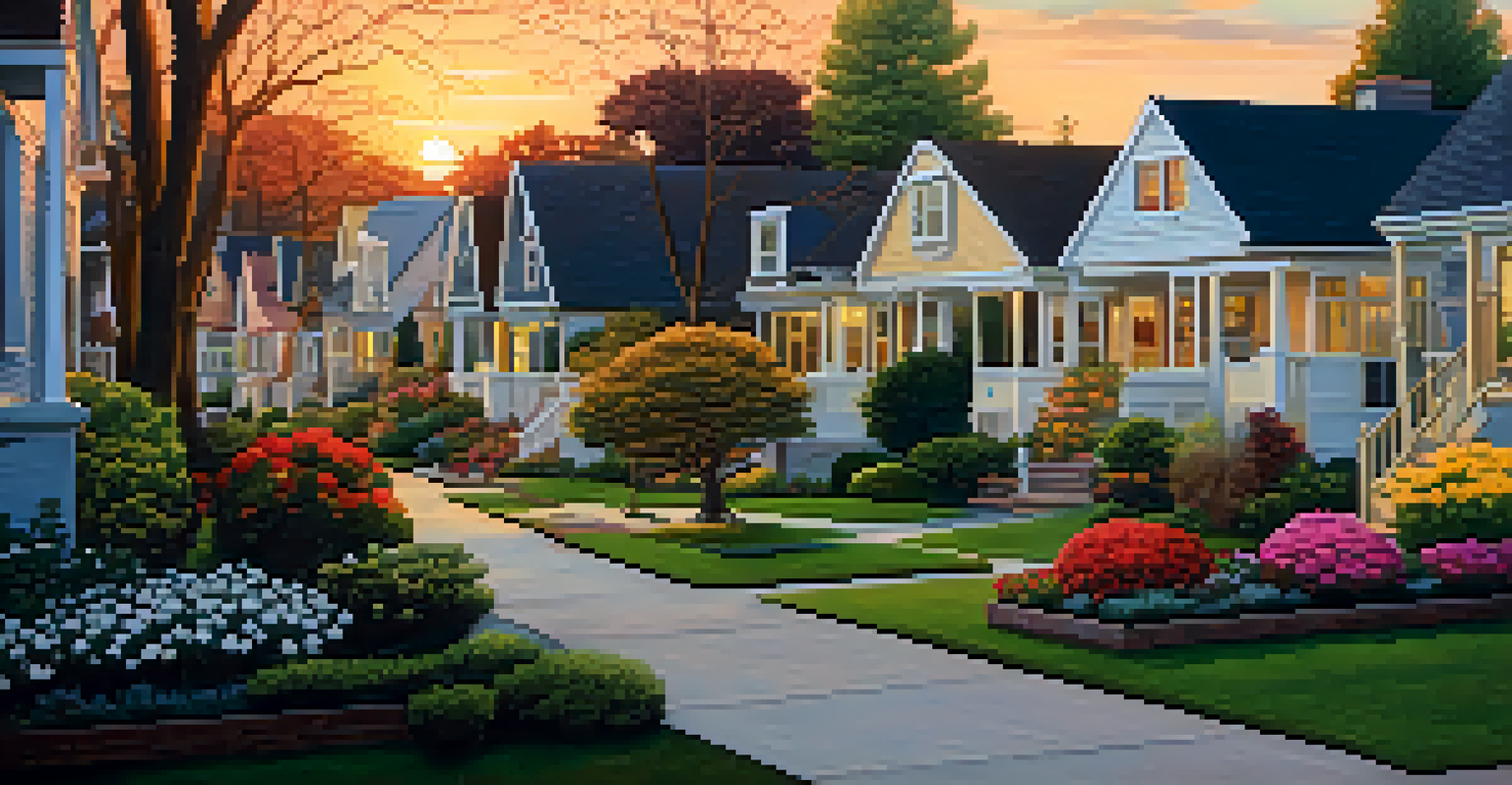 A picturesque suburban neighborhood at sunset, highlighting various home styles and landscaping.