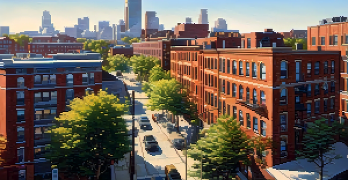 Urban landscape featuring a mix of residential, commercial, and industrial buildings, illuminated by warm sunlight.