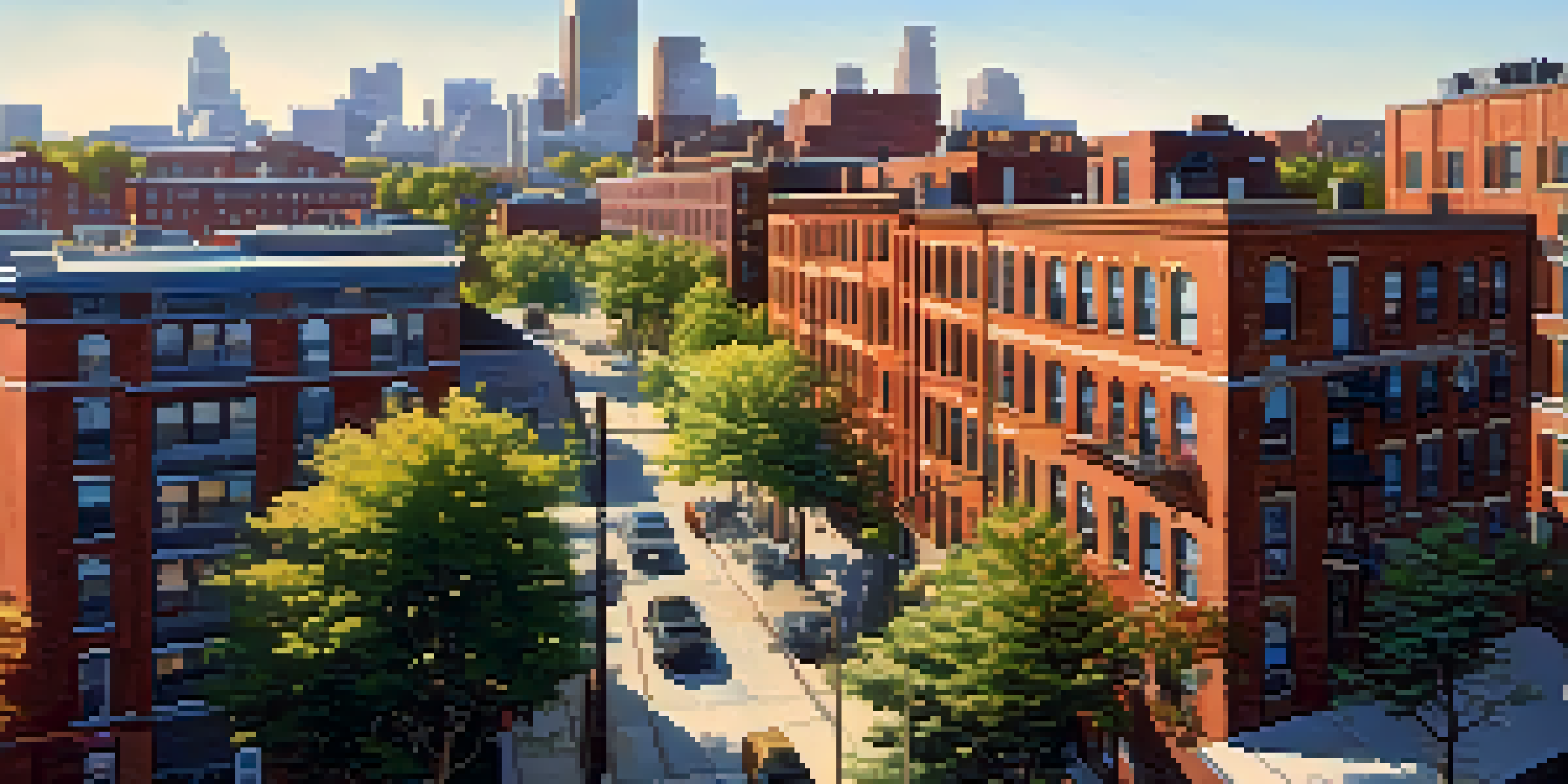 Urban landscape featuring a mix of residential, commercial, and industrial buildings, illuminated by warm sunlight.