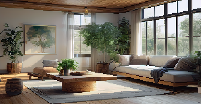 A bright and cozy eco-friendly living room with bamboo flooring, large windows, and plants, featuring a comfortable sofa and reclaimed wood coffee table.