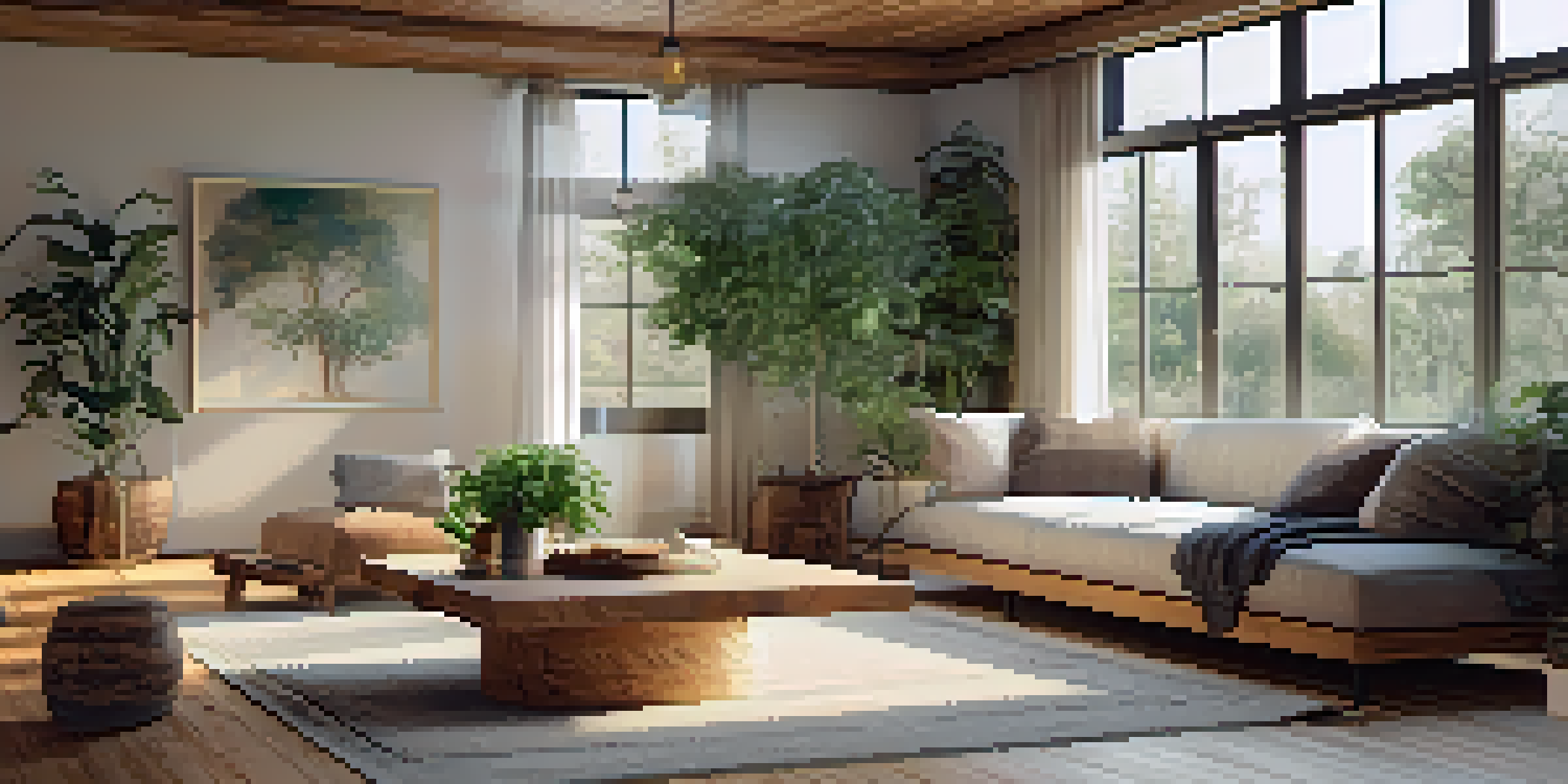 A bright and cozy eco-friendly living room with bamboo flooring, large windows, and plants, featuring a comfortable sofa and reclaimed wood coffee table.
