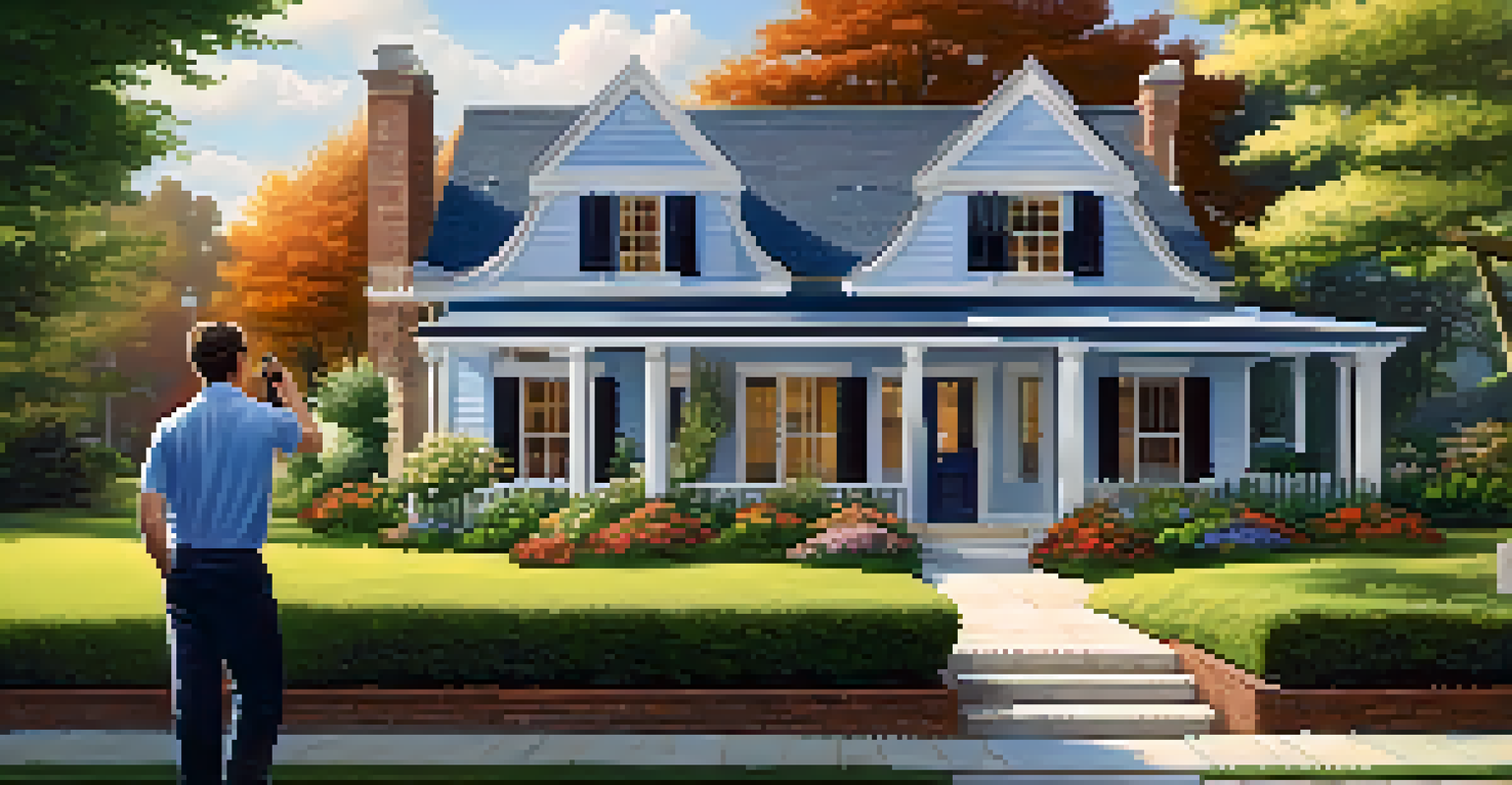 A charming house with a home inspector examining the roof and a couple discussing nearby.