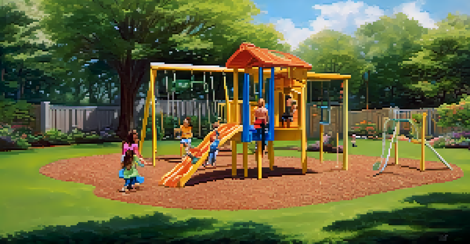 A child playing on a swing in a safe outdoor play area surrounded by a fence and cushioned with mulch.