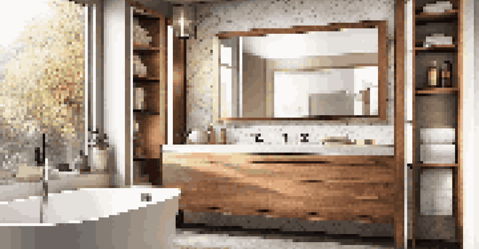 A modern bathroom with a floating vanity, large mirror, and natural light coming from a window.