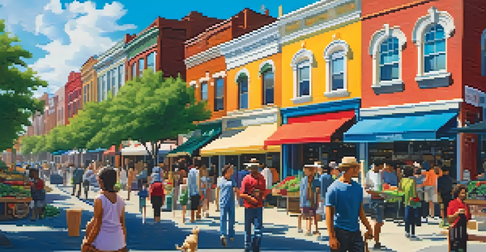 An urban neighborhood filled with diverse people, vibrant street art, and a farmer's market, reflecting community spirit.