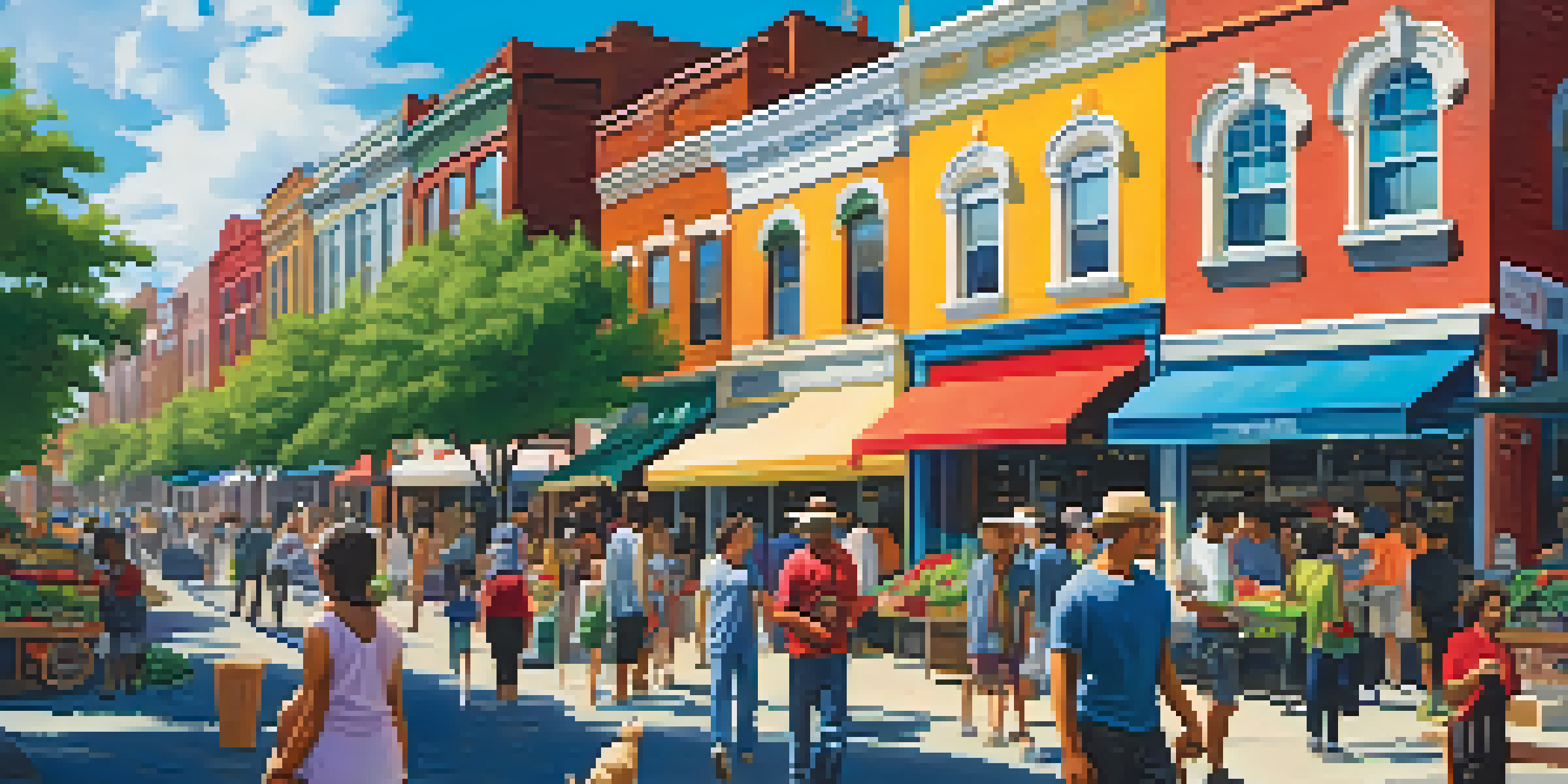 An urban neighborhood filled with diverse people, vibrant street art, and a farmer's market, reflecting community spirit.