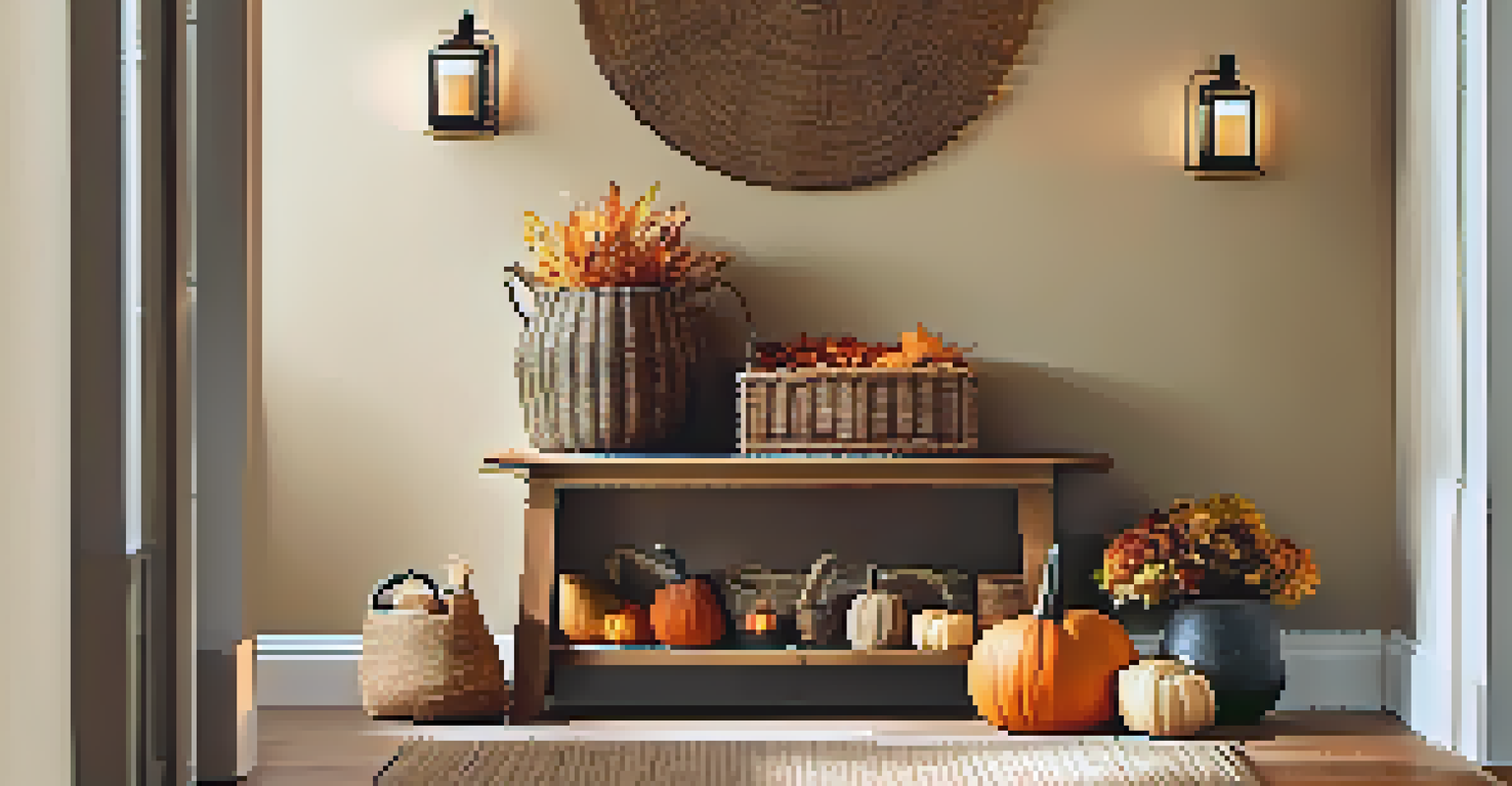 An autumn entryway with a wooden bench, pumpkins, and warm lighting, creating a cozy atmosphere.