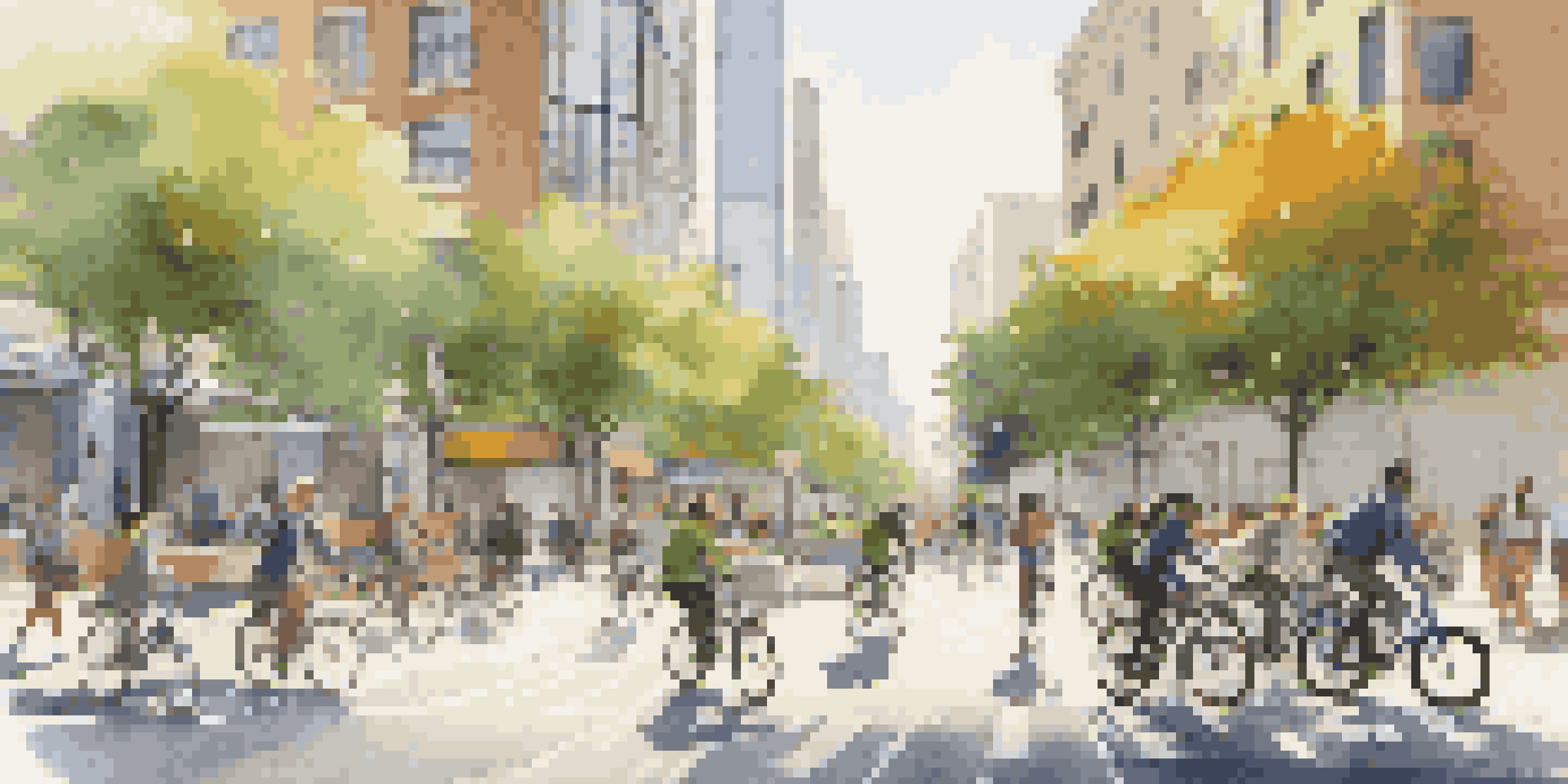 A vibrant urban street in a smart city with modern buildings and people using mobile devices, featuring greenery and cyclists.