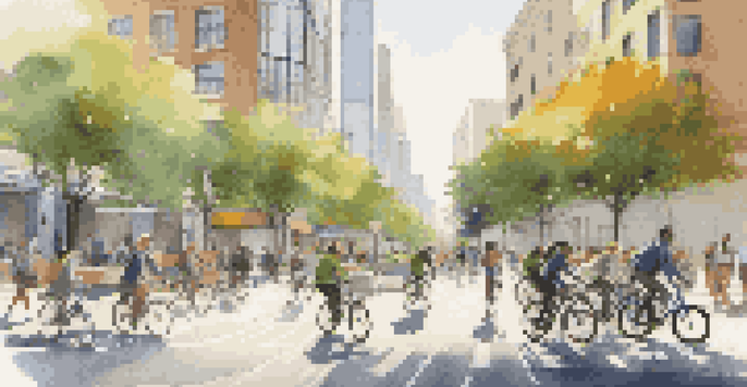 A vibrant urban street in a smart city with modern buildings and people using mobile devices, featuring greenery and cyclists.