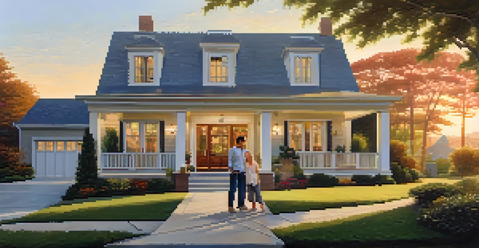 Two people standing in front of a modern home with a warm sunset in the background, symbolizing co-ownership in real estate.