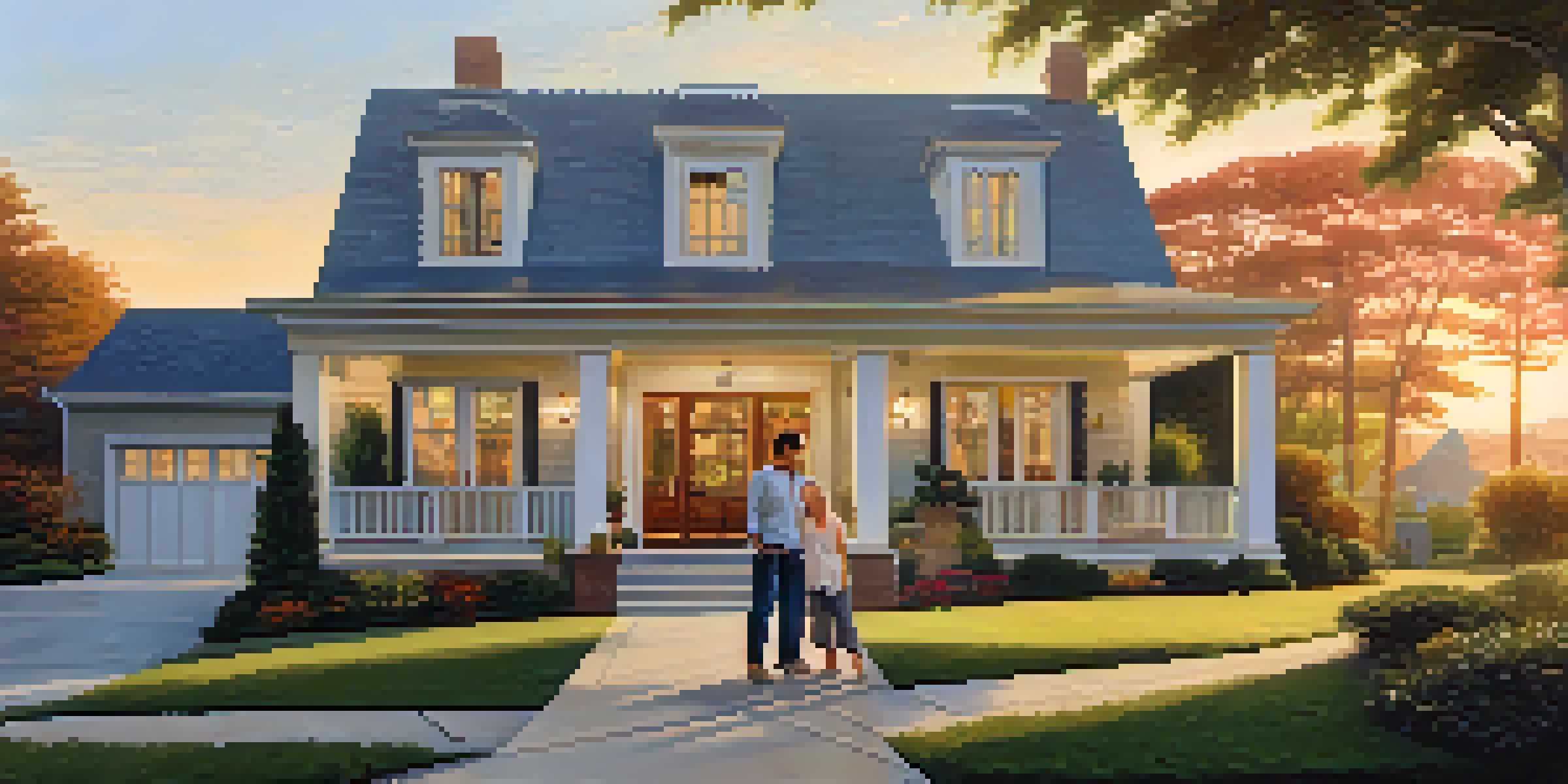 Two people standing in front of a modern home with a warm sunset in the background, symbolizing co-ownership in real estate.
