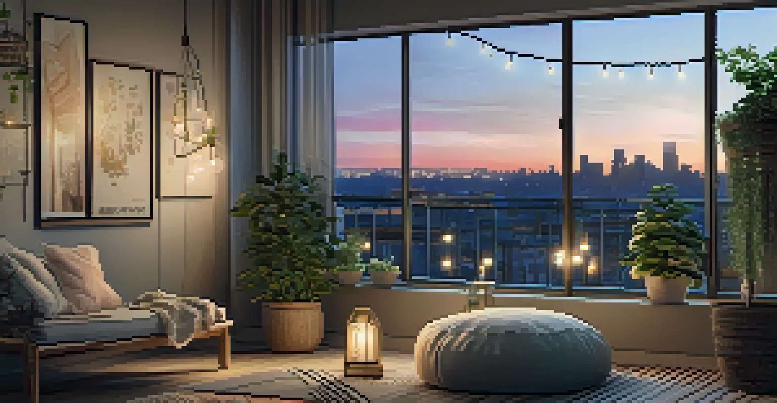 A charming balcony reading nook with a bean bag chair, hanging plants, and city skyline in the background at twilight.