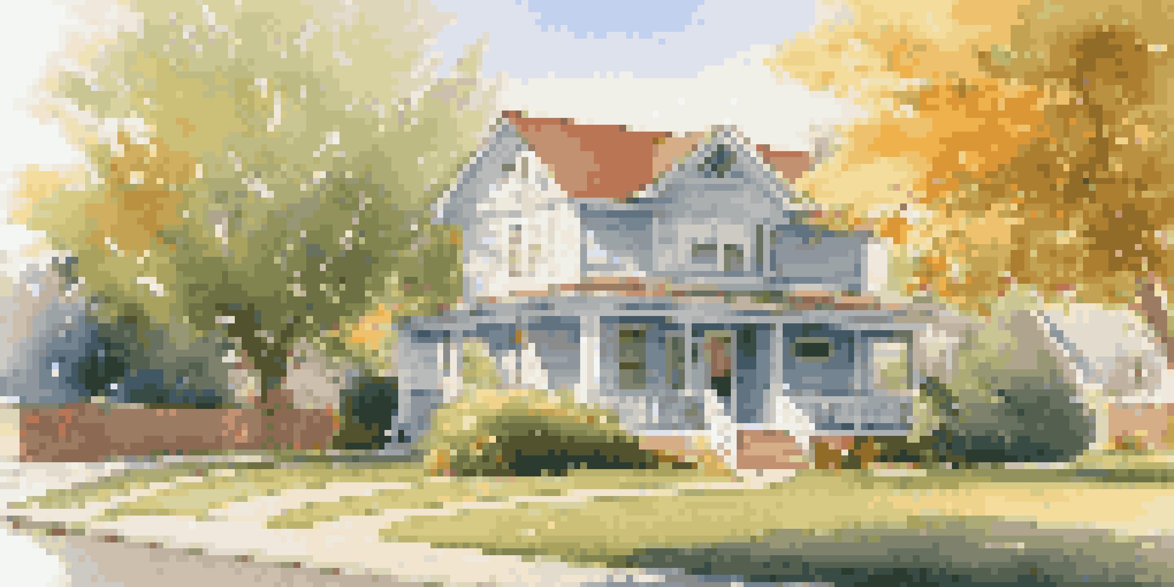 A charming family rental house with a green garden and a sunny sky.