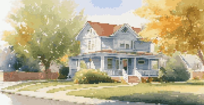 A charming family rental house with a green garden and a sunny sky.