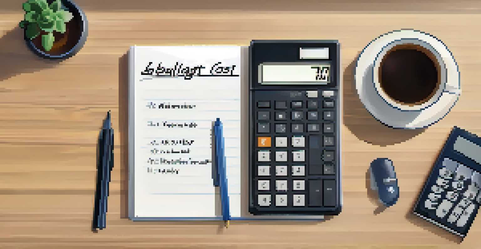 An overhead view of a calculator, notepad with handwritten budgeting notes, and a coffee cup on a desk.