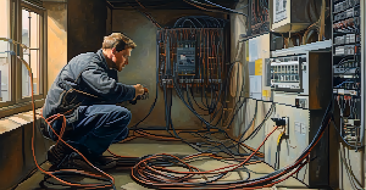An electrician inspecting old wiring in a basement, with a focus on tangled wires and warm lighting creating shadows.