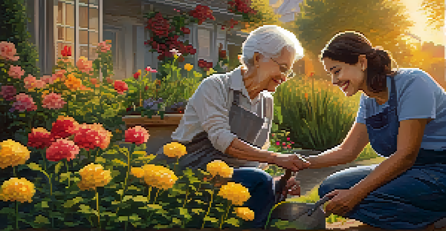 A young adult assisting an elderly parent in a blooming garden during sunset, both smiling and enjoying the moment together.