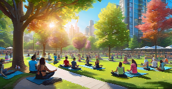 A lively urban park with people practicing yoga on the grass, surrounded by trees and flowers, under a clear blue sky.