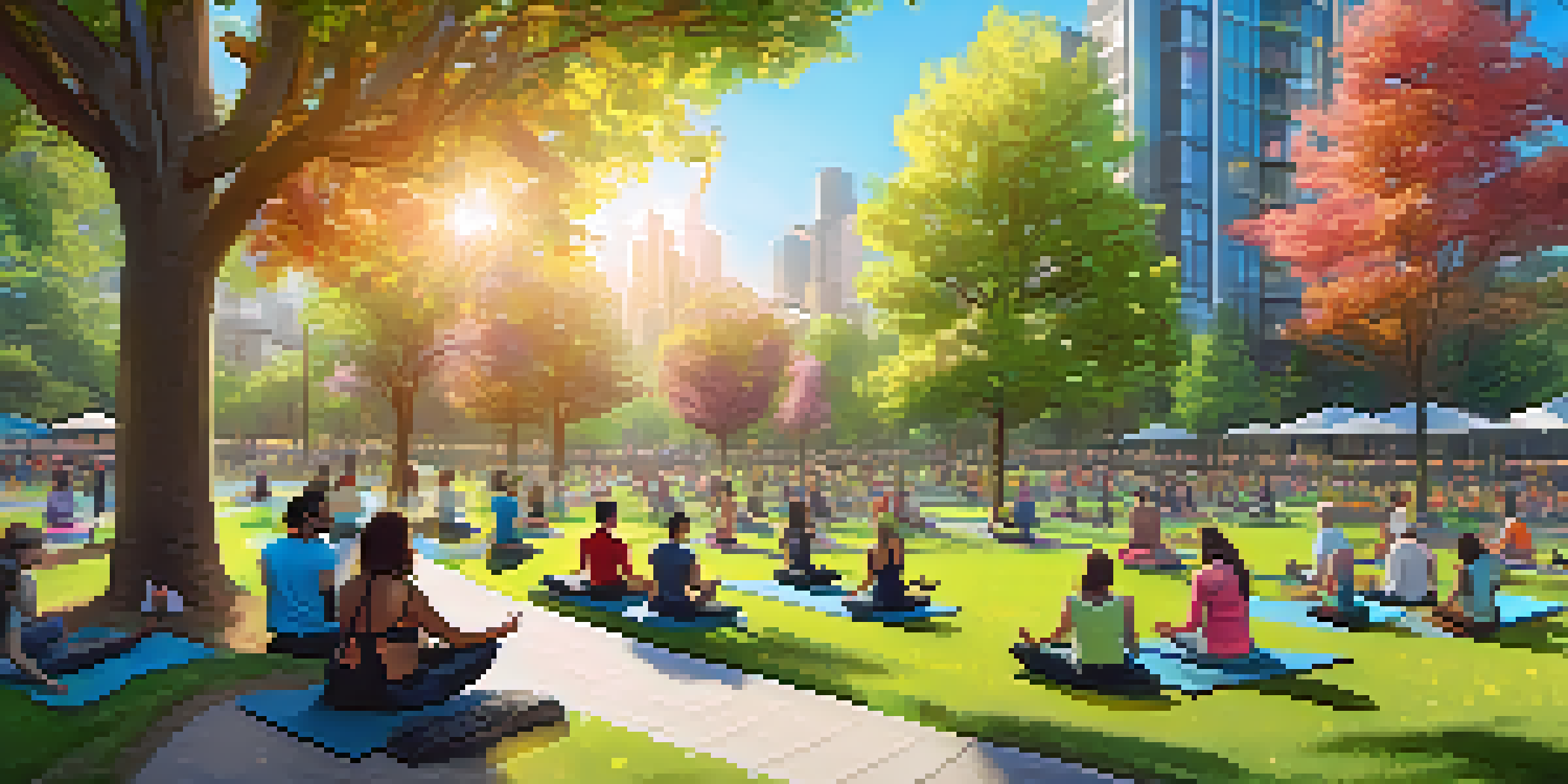 A lively urban park with people practicing yoga on the grass, surrounded by trees and flowers, under a clear blue sky.