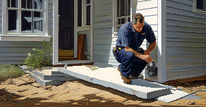 A home inspector inspecting a foundation with a flashlight, highlighting cracks and structural issues in daylight.