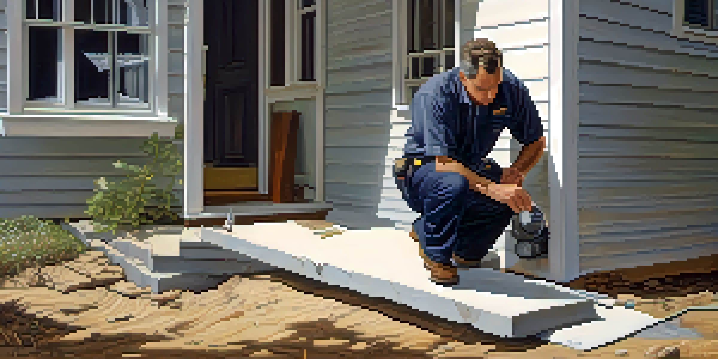 A home inspector inspecting a foundation with a flashlight, highlighting cracks and structural issues in daylight.
