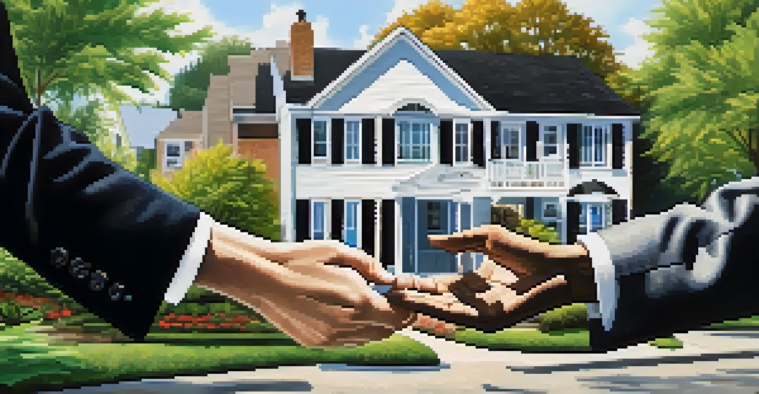 Two hands shaking in front of a house, representing a real estate partnership, with a 'For Sale' sign and greenery in the background.