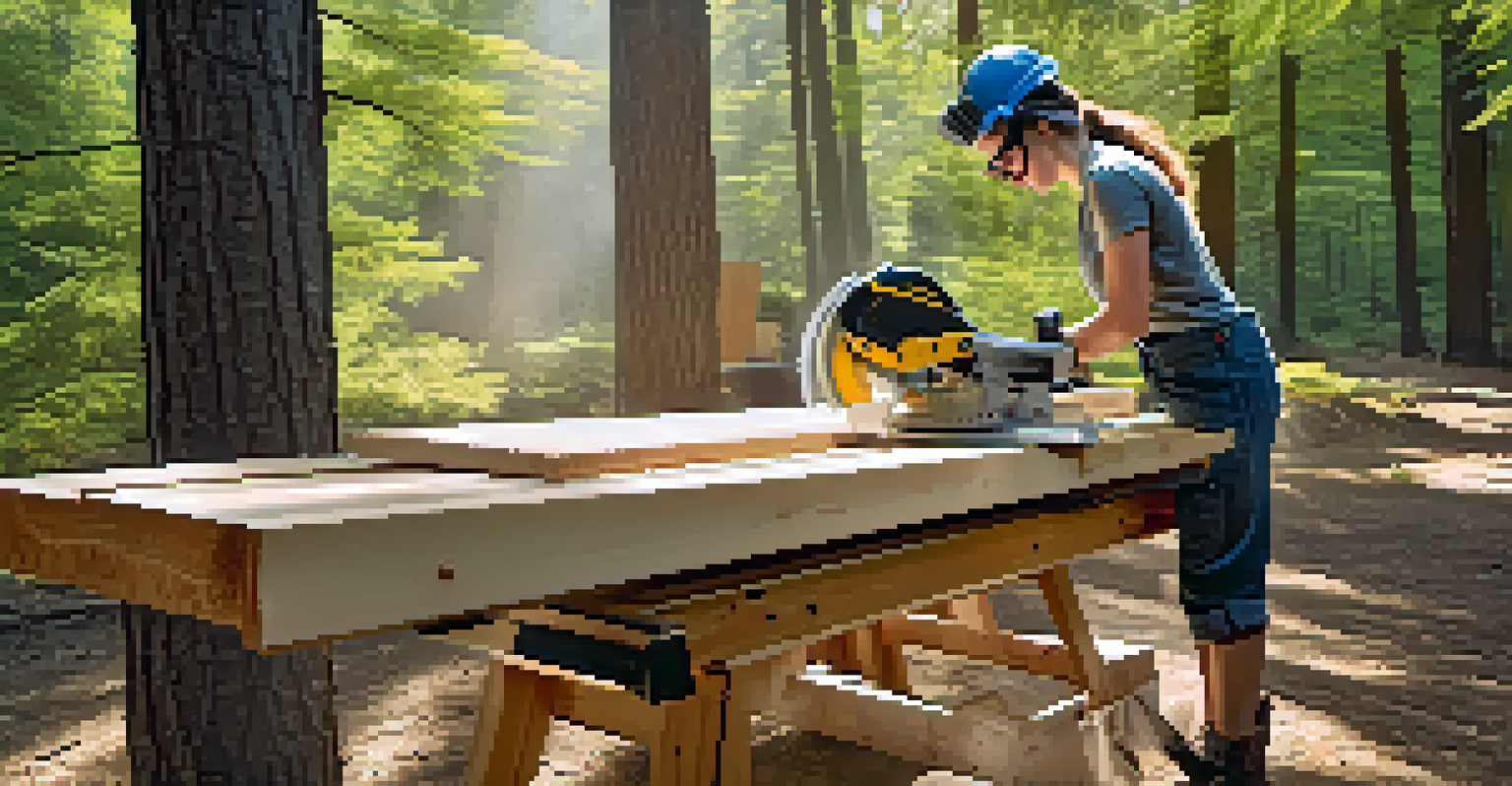 A person cutting wood with a miter saw outdoors, wearing safety gear, with sunlight filtering through trees.