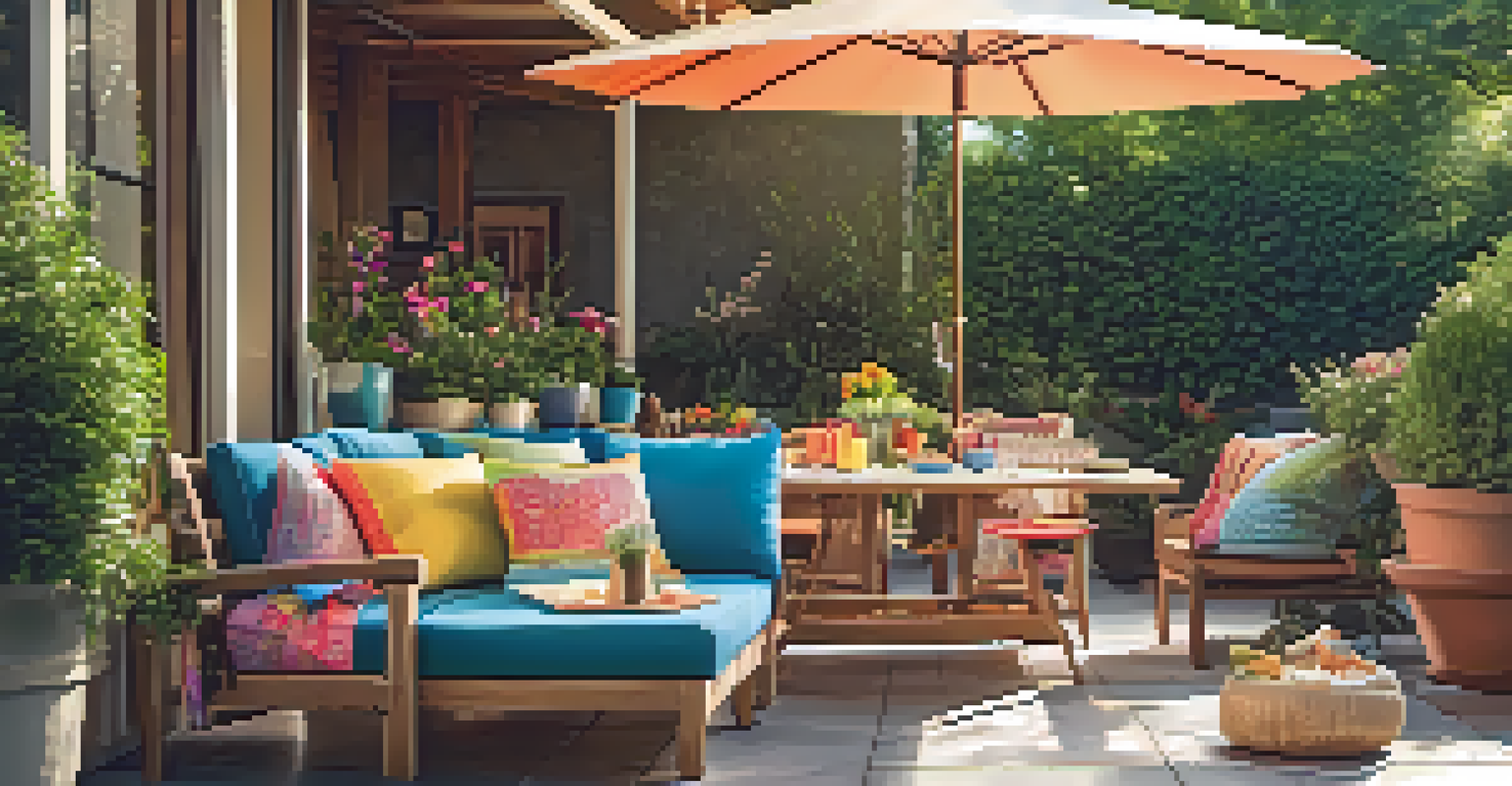 A summer patio setup with a neatly arranged table, colorful dishware, and vibrant plants under warm sunlight.