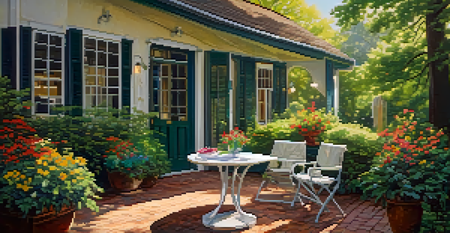 A cozy outdoor patio with a small table and chairs surrounded by lush greenery and colorful flowers, illuminated by morning sunlight.