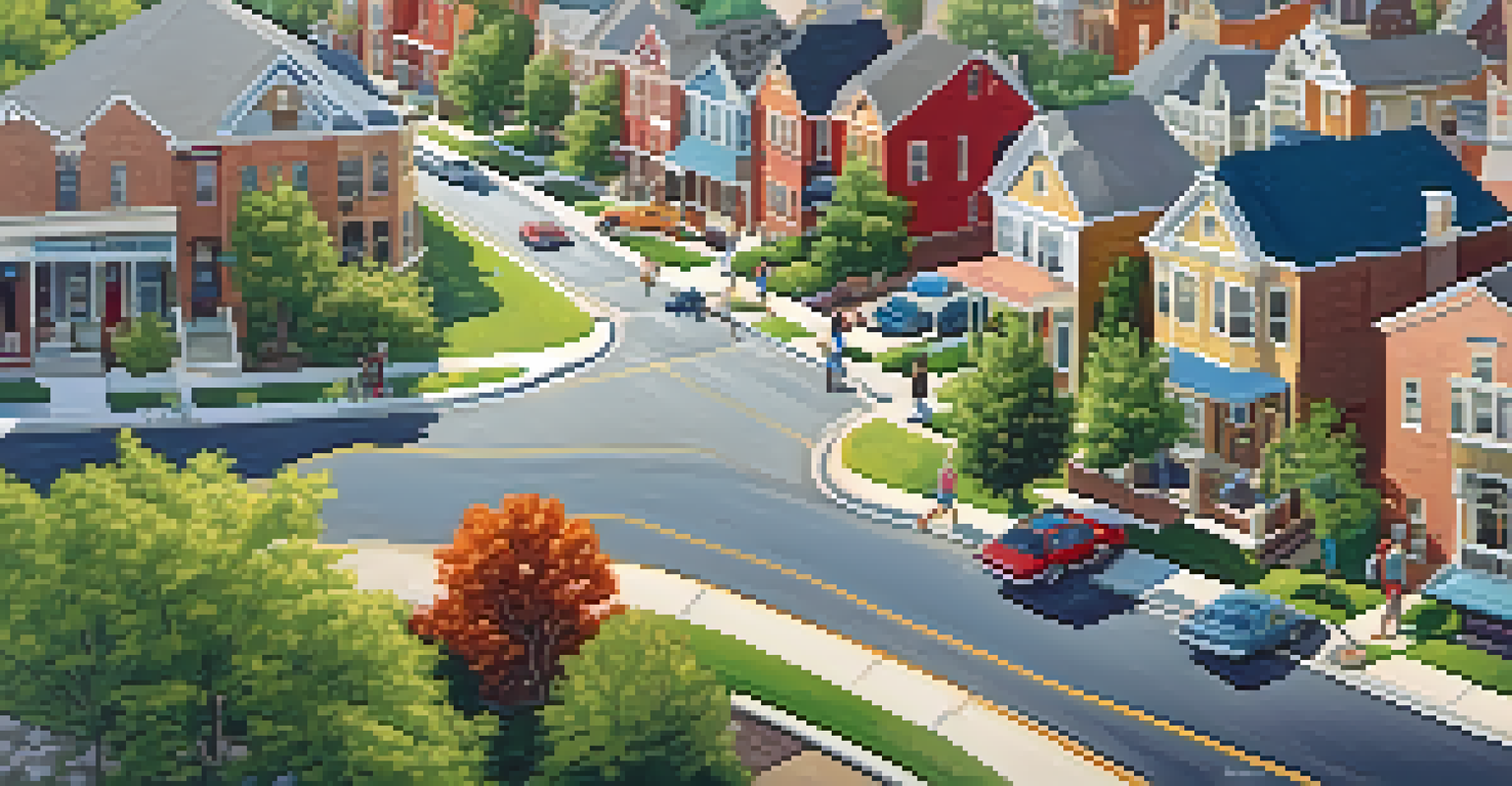 An aerial view of a lively neighborhood with residential and commercial properties, showing people engaged in various activities.
