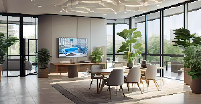A bright and modern property management office with large windows, minimalist furniture, and a digital screen showing market trends, where diverse property managers are collaborating.