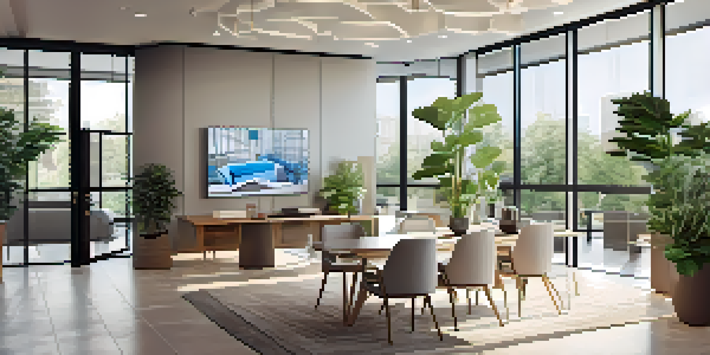 A bright and modern property management office with large windows, minimalist furniture, and a digital screen showing market trends, where diverse property managers are collaborating.