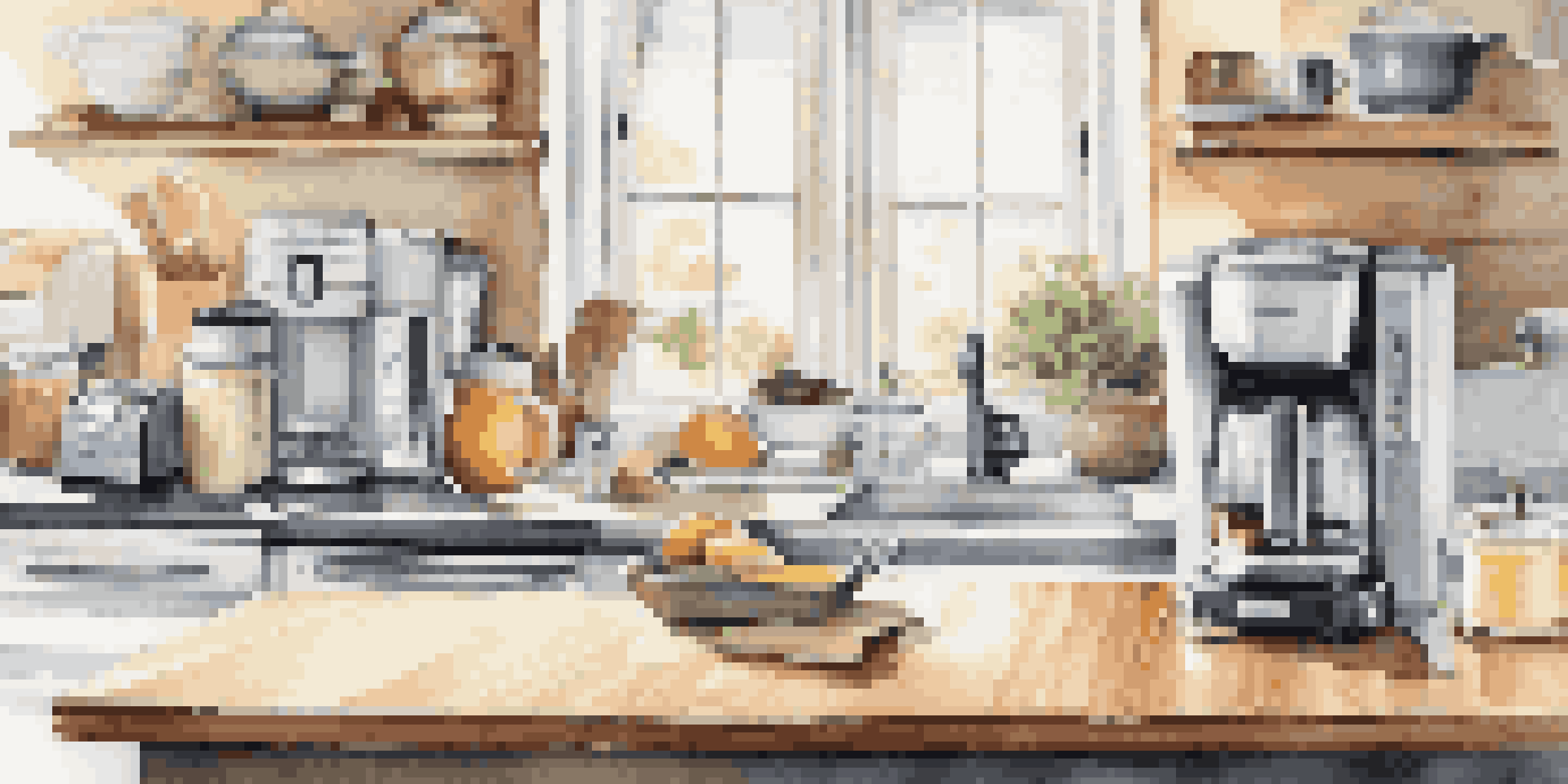 A well-organized kitchen counter displaying various small appliances like a blender, toaster, and coffee maker, arranged neatly with sunlight illuminating the scene.