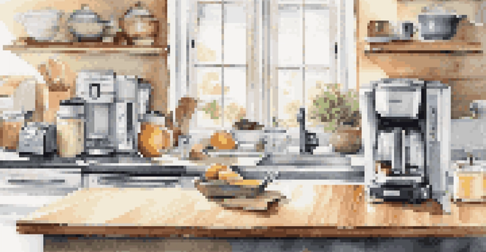 A well-organized kitchen counter displaying various small appliances like a blender, toaster, and coffee maker, arranged neatly with sunlight illuminating the scene.