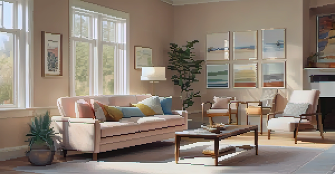 A spacious living room with non-slip flooring and grab bars, designed for senior accessibility, featuring soft pastel colors and large windows letting in natural light.