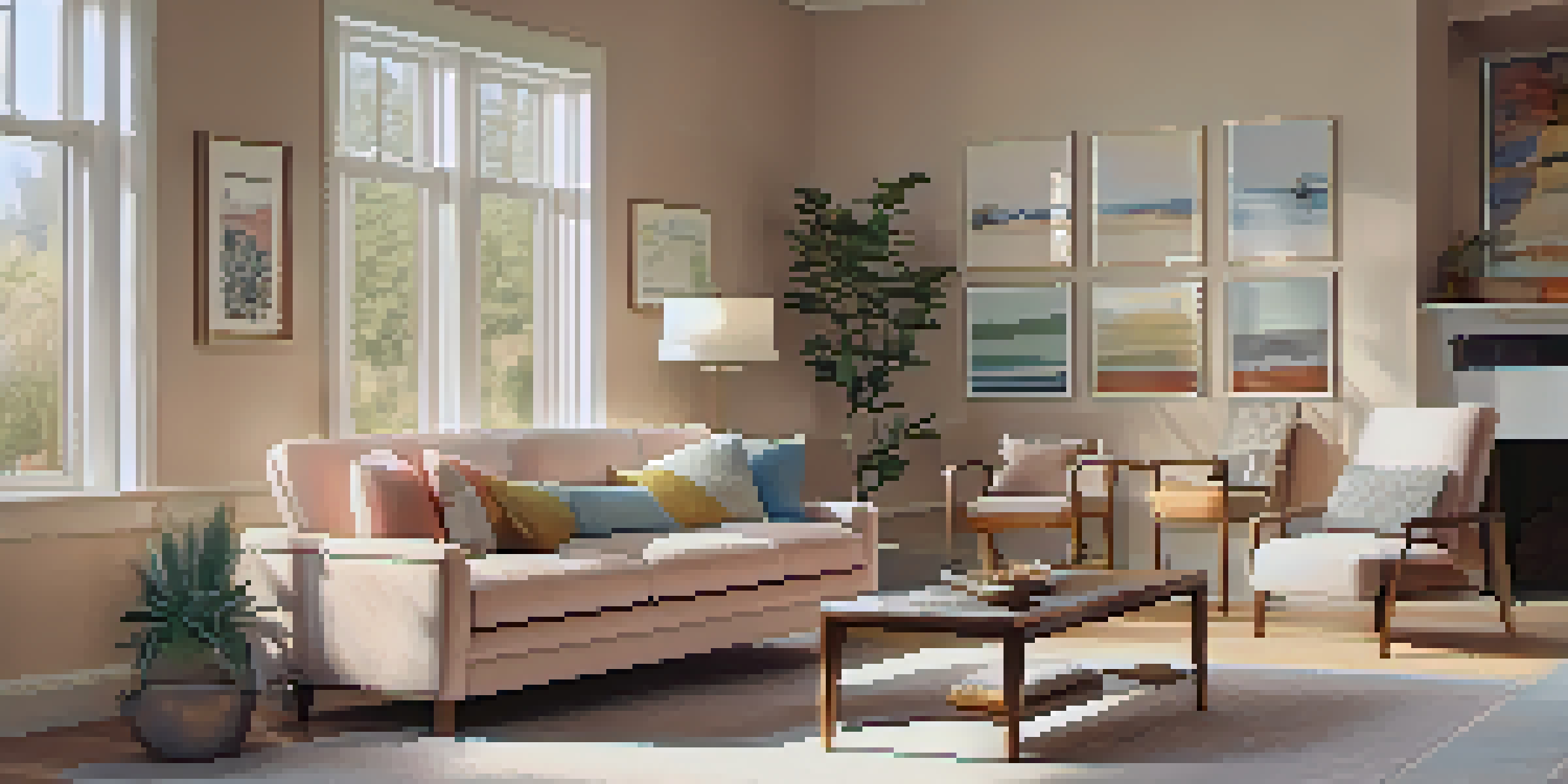 A spacious living room with non-slip flooring and grab bars, designed for senior accessibility, featuring soft pastel colors and large windows letting in natural light.