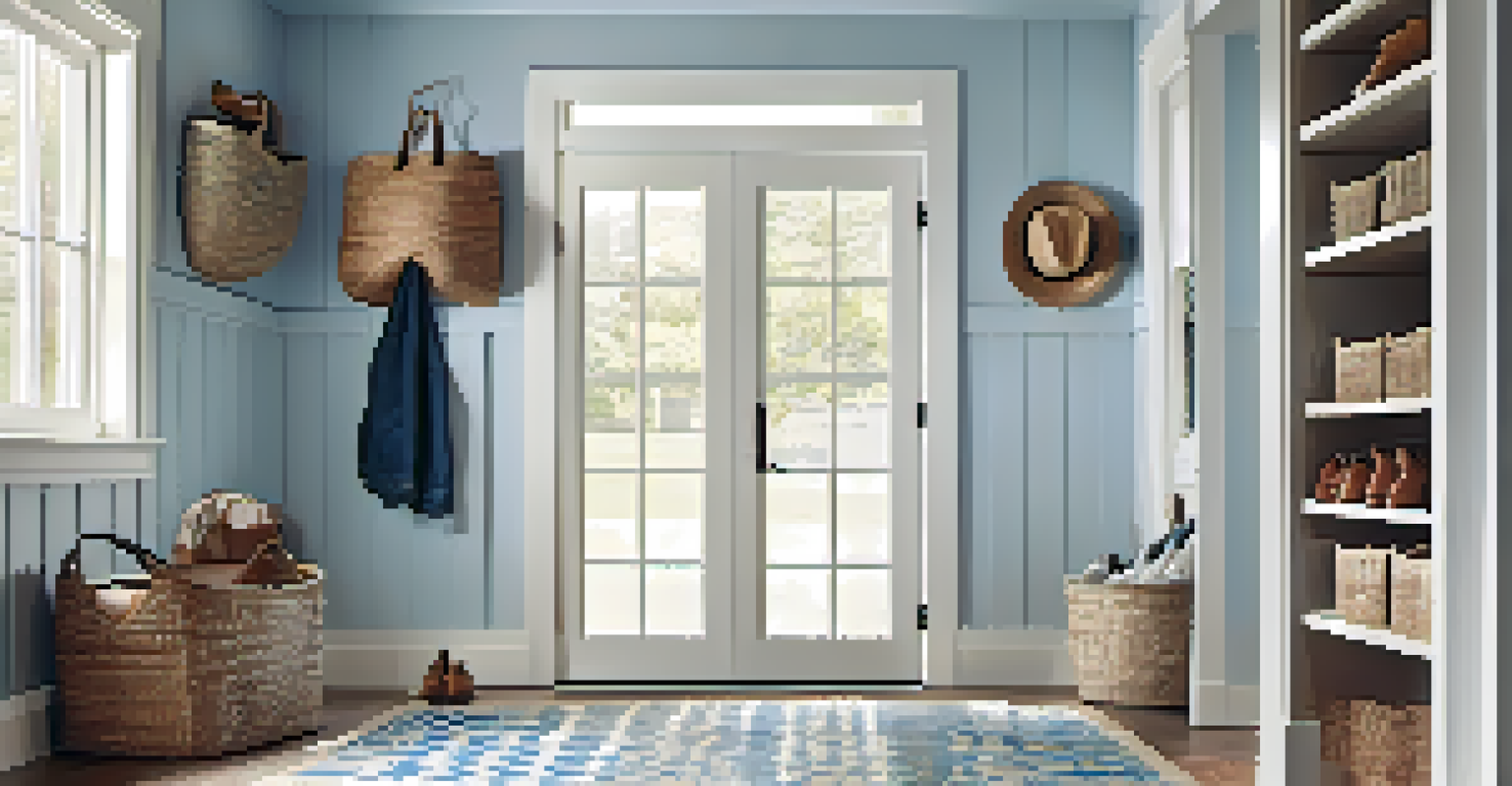 A bright mudroom with coat hooks, a shoe rack, and woven storage baskets, featuring light blue walls and a decorative rug, illuminated by sunlight.