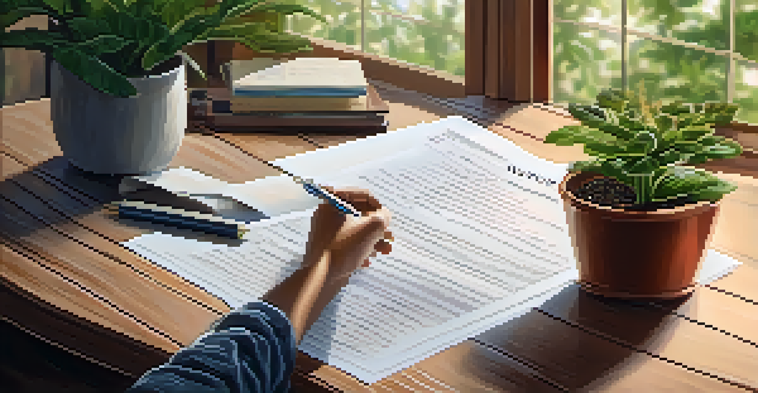 A close-up of a person reviewing a rent-to-own agreement on a wooden table, with a pen and a potted plant in the background.