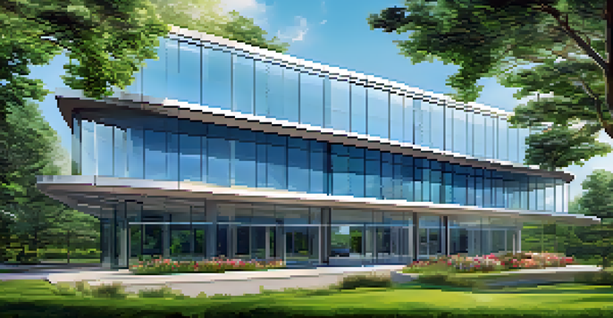 A modern office building surrounded by greenery and flowers under a clear blue sky.