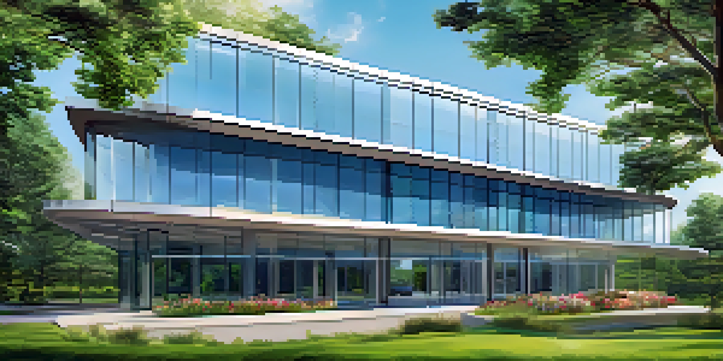 A modern office building surrounded by greenery and flowers under a clear blue sky.