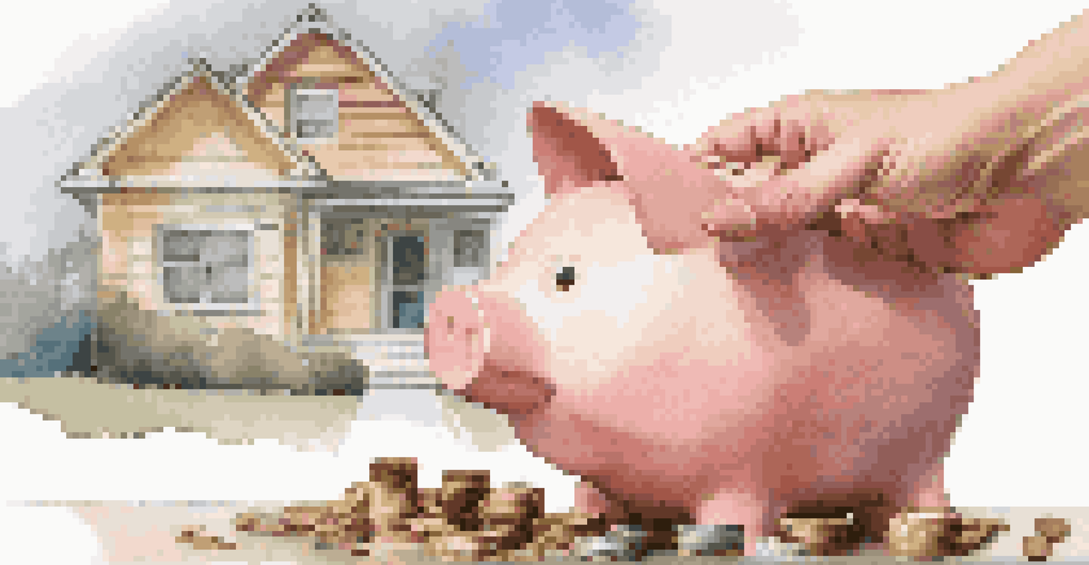 A close-up of a hand holding a piggy bank filled with coins, with blueprints and a house model in the background.