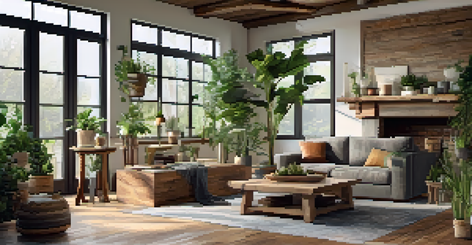 A cozy living room with reclaimed wood cabinetry and flooring, non-toxic paints, and natural light, creating a warm atmosphere.