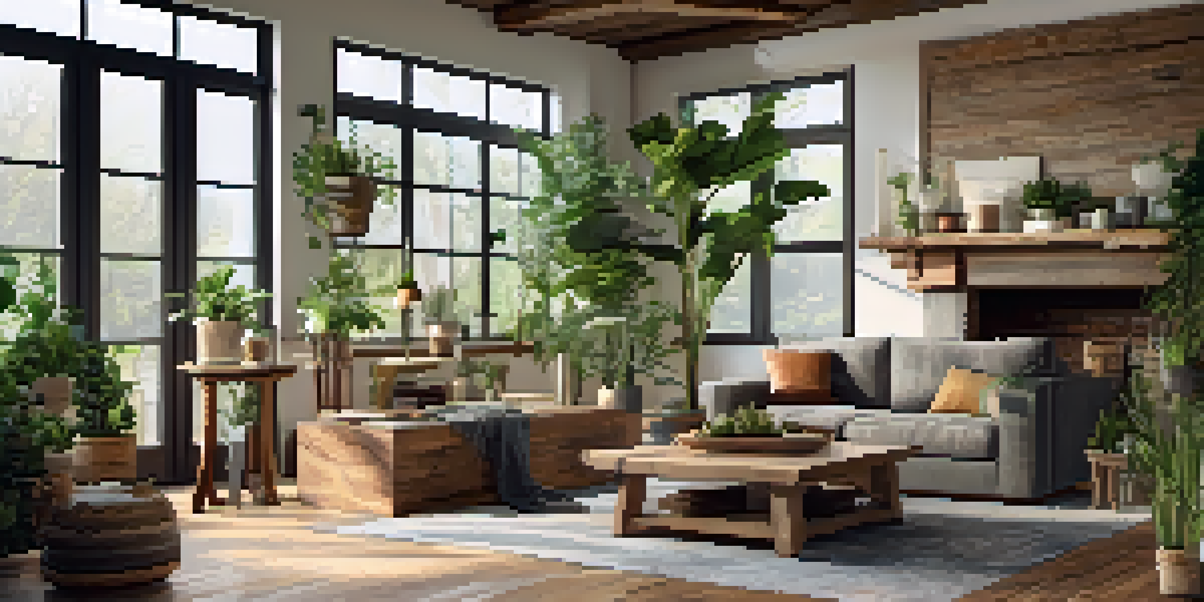 A cozy living room with reclaimed wood cabinetry and flooring, non-toxic paints, and natural light, creating a warm atmosphere.