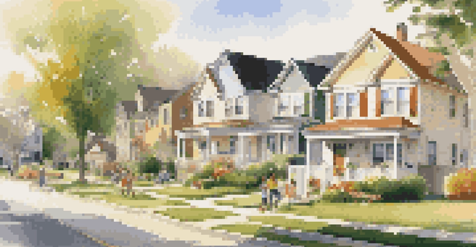 A diverse group of families standing in front of their new homes in a sunny suburban neighborhood.