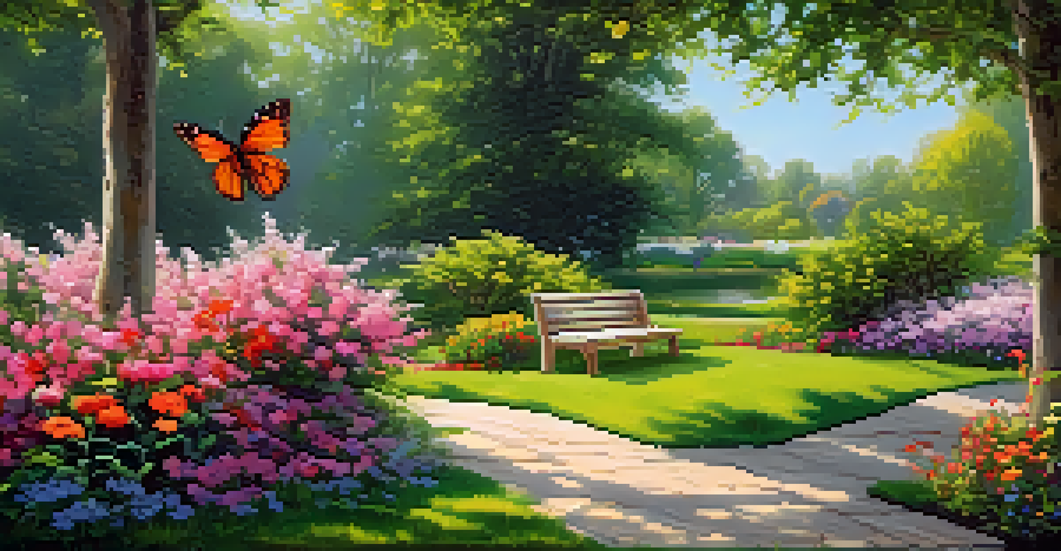 A serene garden with colorful flowers, a wooden bench, and a blooming tree, illuminated by sunlight, creating a peaceful atmosphere.