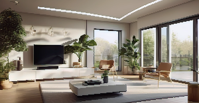 A modern living room showcasing smart home technology, including a smart thermostat and automated lighting, with large windows and minimalist decor.