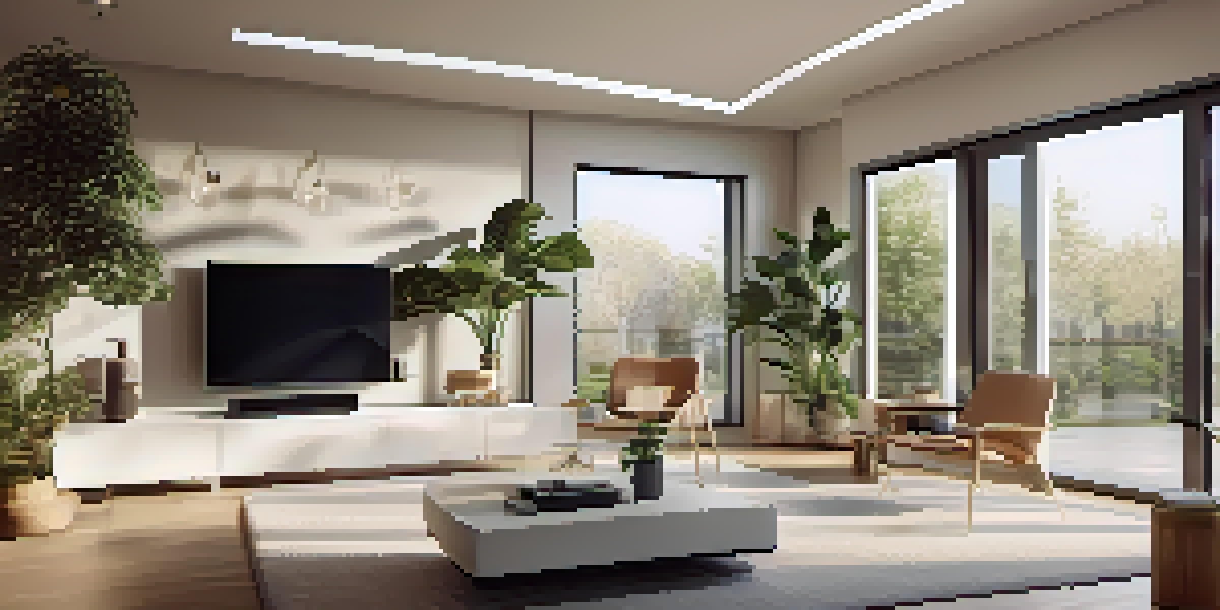 A modern living room showcasing smart home technology, including a smart thermostat and automated lighting, with large windows and minimalist decor.