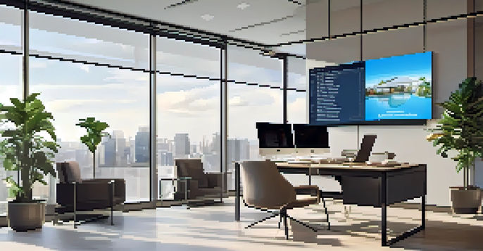 A contemporary real estate office with agents working and digital displays.